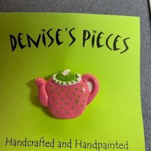 Tea Pot Pin Brooch Pink Green Polka Dots White Plaster Handmade Hand Painted